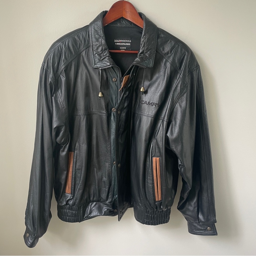 Vintage Black Toyota Camry Leather Bomber Jacket